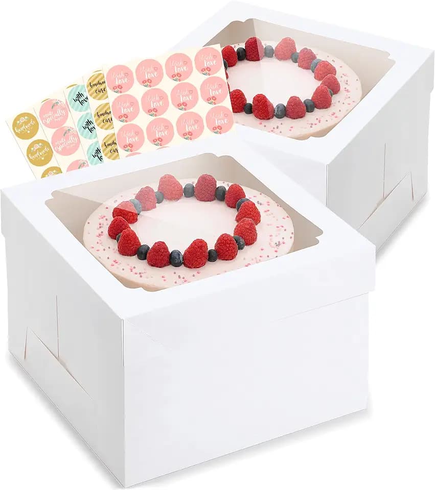12x12x8 Inch Cake Boxes 20 pcs, Large 12 Inch Cake Box with Window for 8 Inch Tall Tiered Bakery Cakes, Pies, Sturdy Square White Cardboard, Cake Decorating Supplies (80 Pcs Stickers)