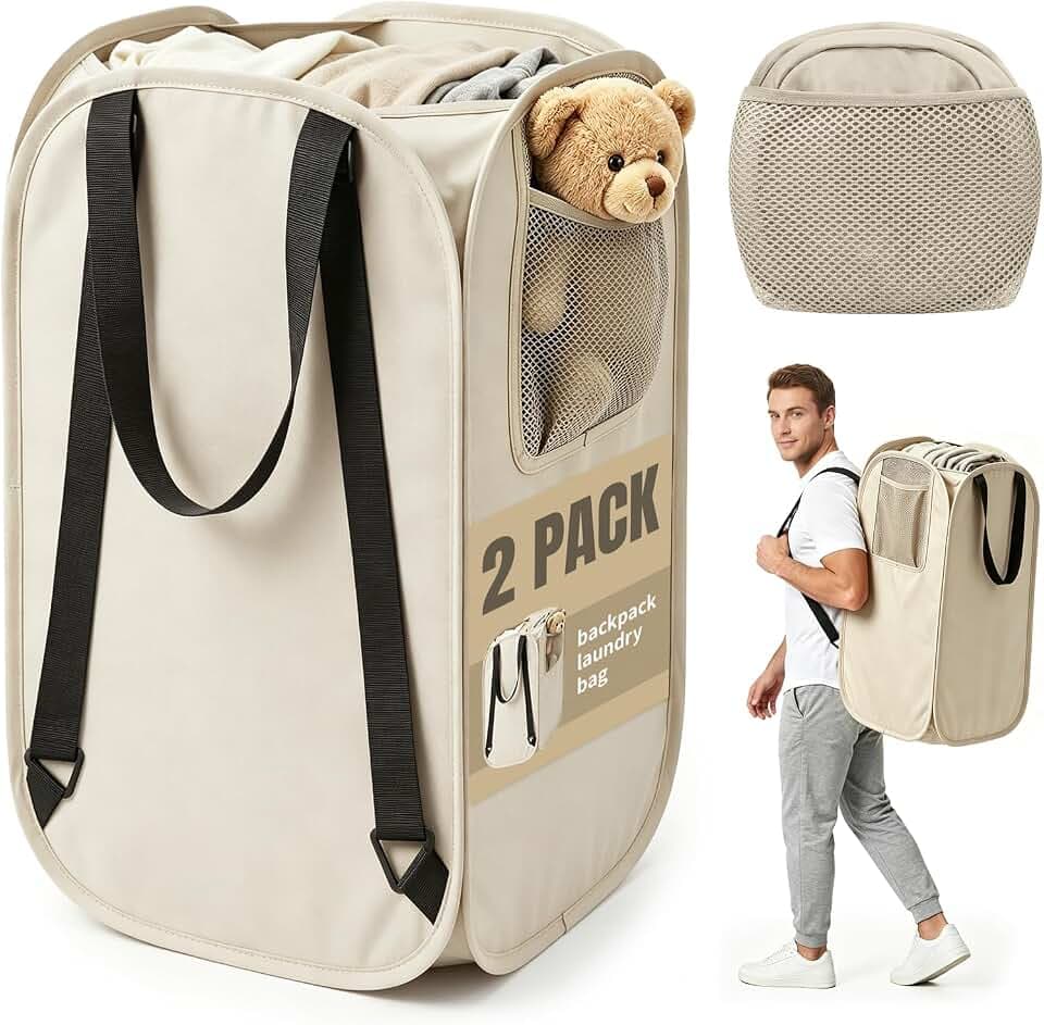House Again 2 Pack 76L Laundry Backpack, 210D Oxford Heavy Duty Laundry Bag Backpack with Adjustable Shoulder Straps,Foldable Laundry Bag for College Dorm and Travel, Beige