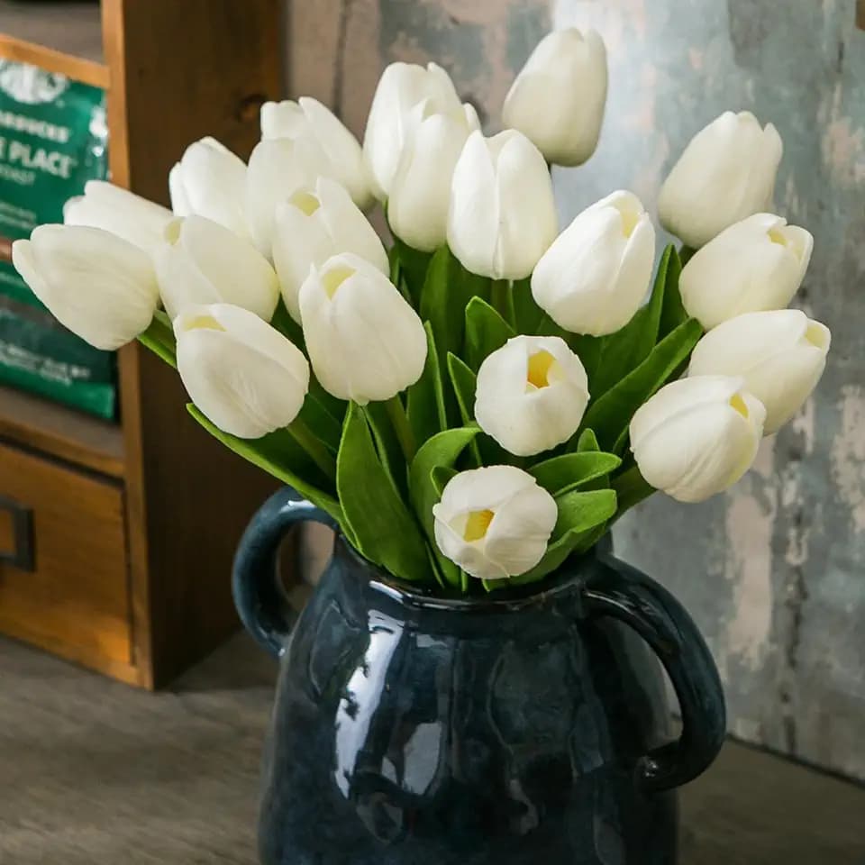 Tanvecle 20pcs White Artificial Tulip Flowers, Fake Flowers 13" Bulk