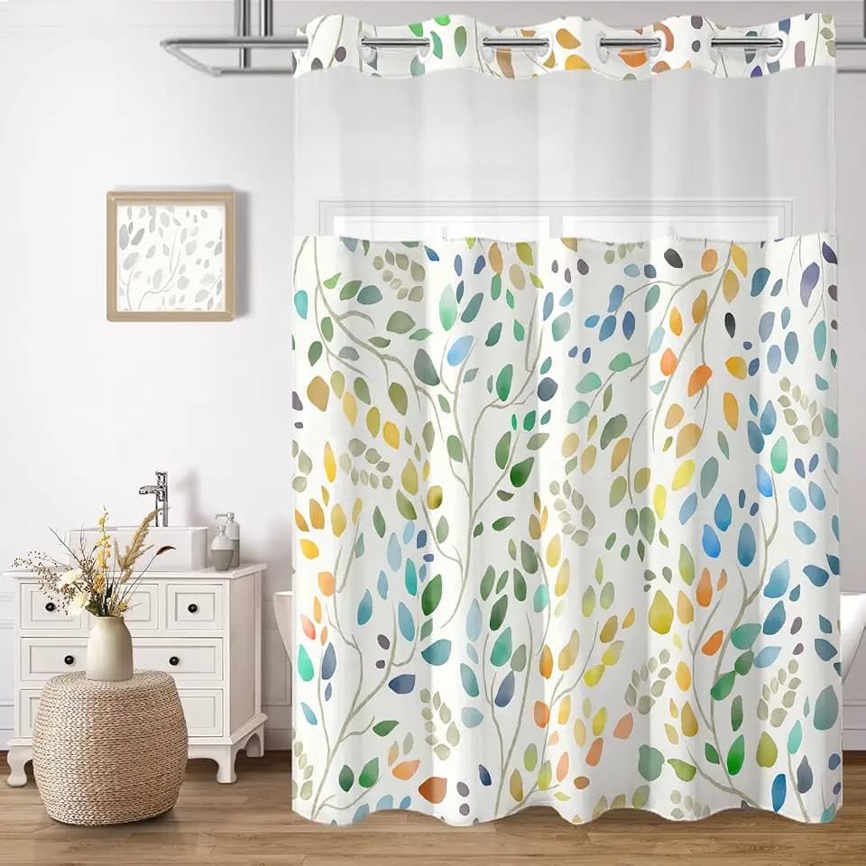 No Hook Shower Curtain with Liner, Colorful Boho Leaf, 71x74 Inch