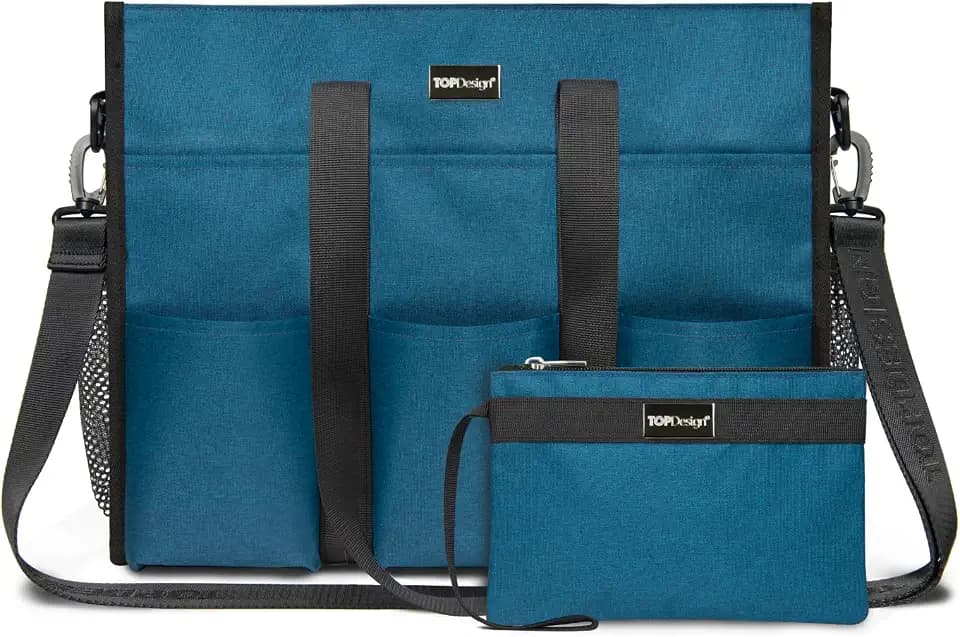 TOPDesign Utility Water Resistant Tote Bag with 22 Pockets, Zipper Closure
