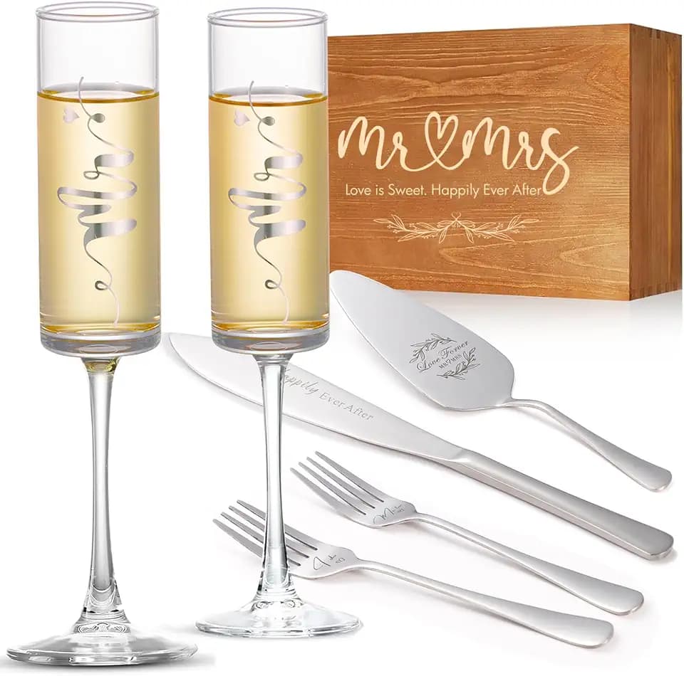 Wedding Cake Knife and Server Set, Mr and Mrs Champagne Flutes & Forks with Wooden Box, Silver Cake Cutting Set for Wedding Engagement Bridal Shower Gifts