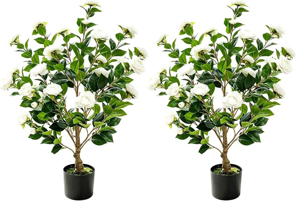 Artificial Camellia Tree 2 Pack 36“ White Faux Plant Indoor Outdoor Decor