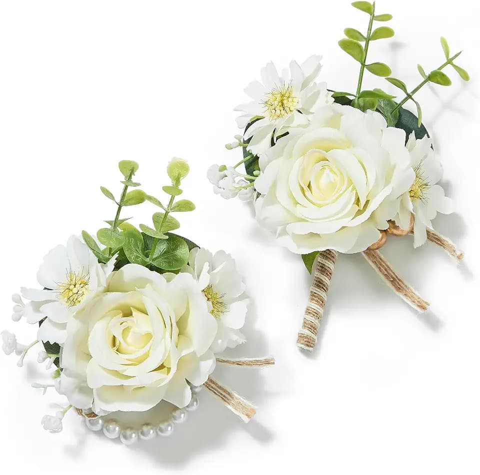 Serwalin Ivory White Rose Corsage and Boutonniere Set for Wedding Prom