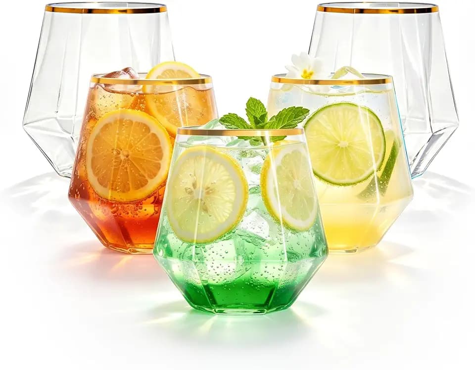 Lullaby 40PCS 12Oz Stemless Plastic Wine Glasses Gold Rim, Diamond Design