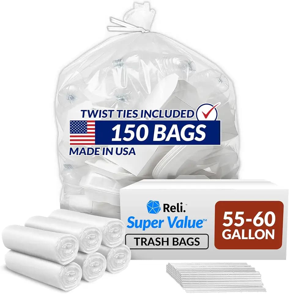 Reli. 55-60 Gallon Trash Bags Heavy Duty | 150 Trash Bags with Ties | Super Sizeable, Clear, Serious Garbage Cleanup