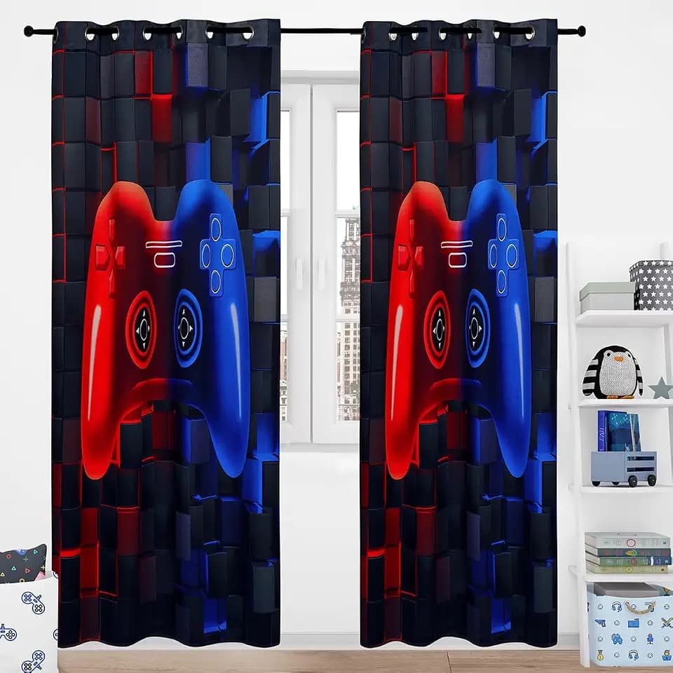 PERFEMET Boys Game Curtains for Bedroom Red Blue Gamer Kid Blackout Curtain