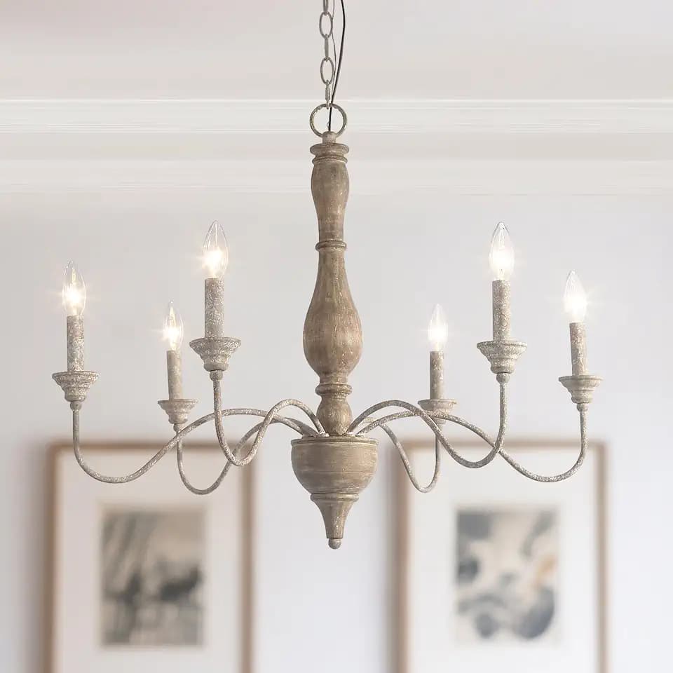 LALUZ Farmhouse Chandelier, 6-Light French Country Wood Lighting for Dining Room, Distressed Shabby Chic Chandelier, Cloud Arms in Rusty Metal Finish for Living Room, Bedroom