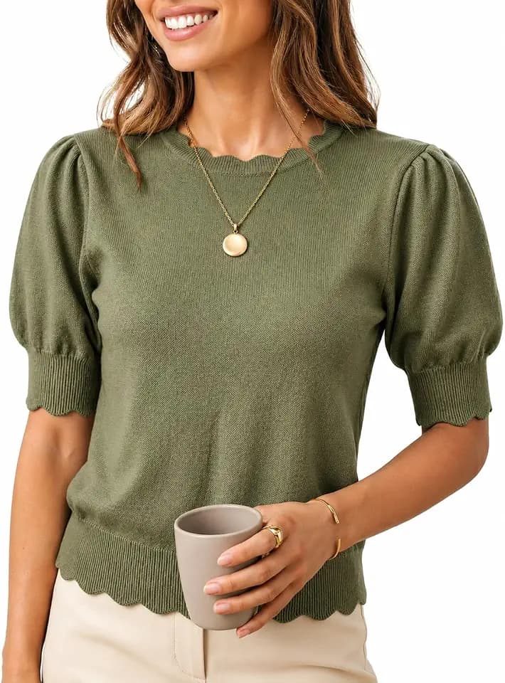 Short Sleeve Sweater for Women Pullover Knit Tops Scalloped Crewneck Puff Sleeve 2026