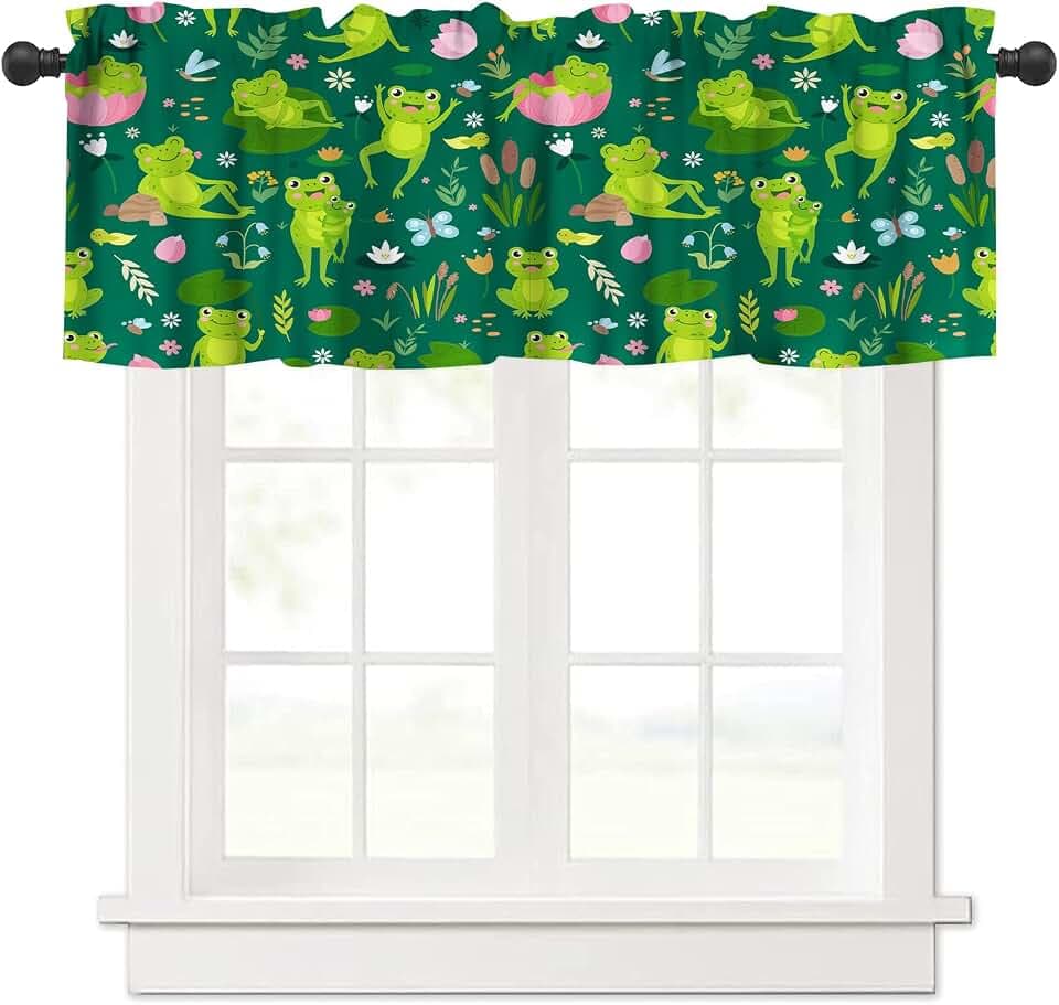 Cartoon Frog Valance Curtain for Kids Room Green Watercolour Cute Lotus Leaf Flower Plant Frog Animal Window Treatment Valances Curtains for Living Room Bedroom Nursery,54x18Inch 1P