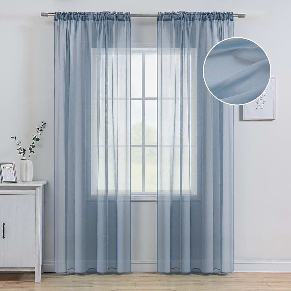 MIULEE Dusty Blue Linen Textured Semi-Sheer Curtains 54W×84L 2 Panels