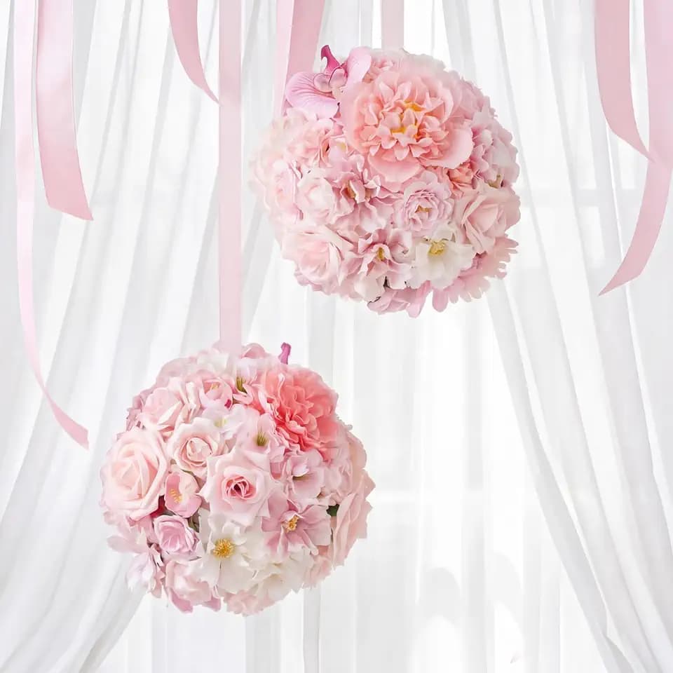 Sosation 2 Pcs Peony Silk Flowers Ball 7.9 Inch Wedding Banquet Hanging Ornaments Table Centerpiece Fake Artificial Floral Hand Weaving Crafts for Kissing Ball Decoration(Pink)