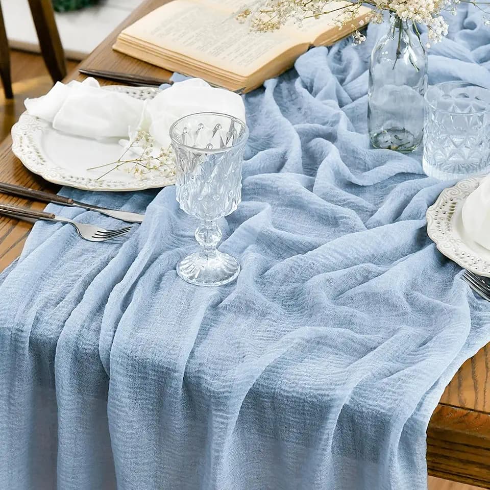 Artoid Mode Boho Sky Blue Gauze 6 Pieces Wedding Table Runner, 120 Inch Seasonal Fabric Kitchen Dining Holiday Table Decor for Home Party Indoor
