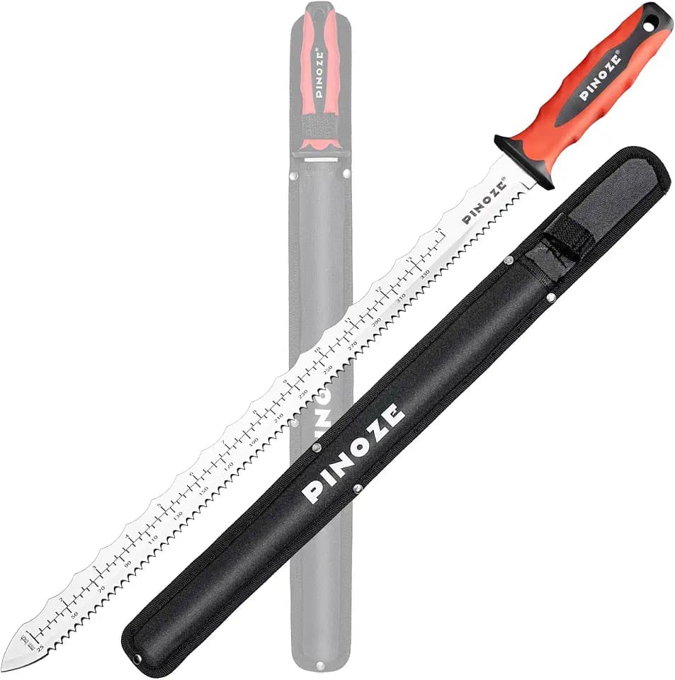 Pinoze 16" Insulation Knife, Stainless Steel Blade Insulation Cutter w/Laser Scale, Dual-Side Serrated Duct Knife Tool with Sheath for Cutting Heat Material Foam/Rockwool/Styrofoam, Garden Sod Cutter