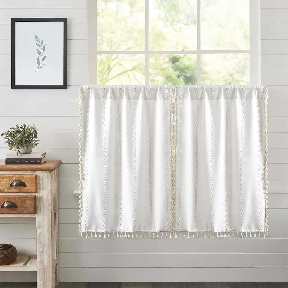 RoomTalks White Boho Farmhouse Kitchen Curtains 45 Inch Length French Striped Modern Vintage Chic Textured Tassel Charcoal Short Cafe Curtains for Small Window Kitchen Bathroom Decor