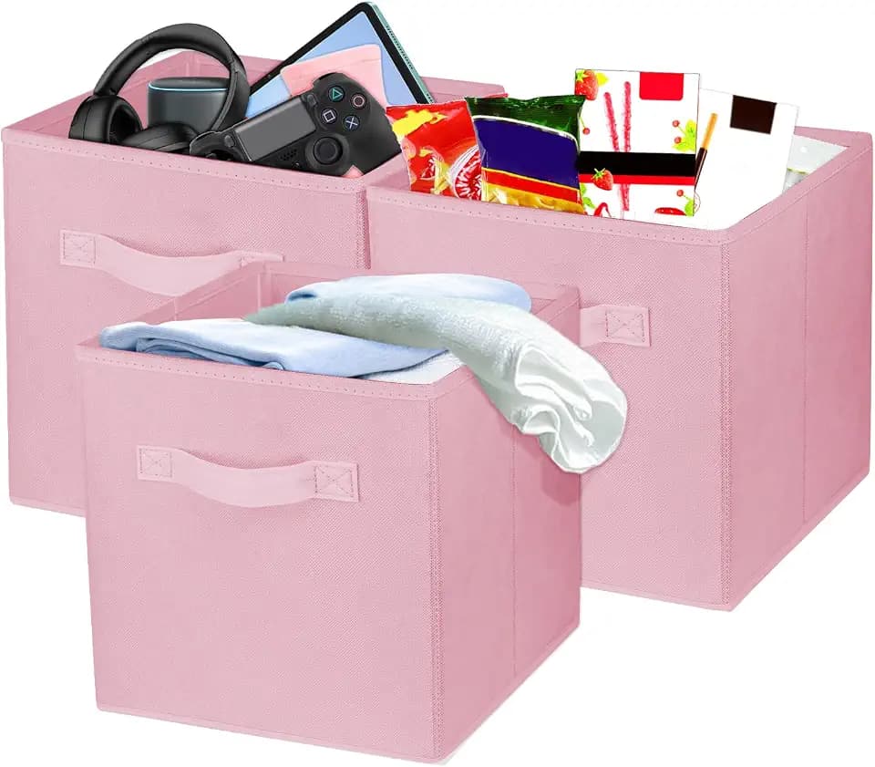 3 Pcs Storage Cubes, 10.5 Inch Collapsible Storage Bins, Fabric Foldable Bins for Organization, Durable Storage Bins for Closet, Shelves, Offices (Pink)