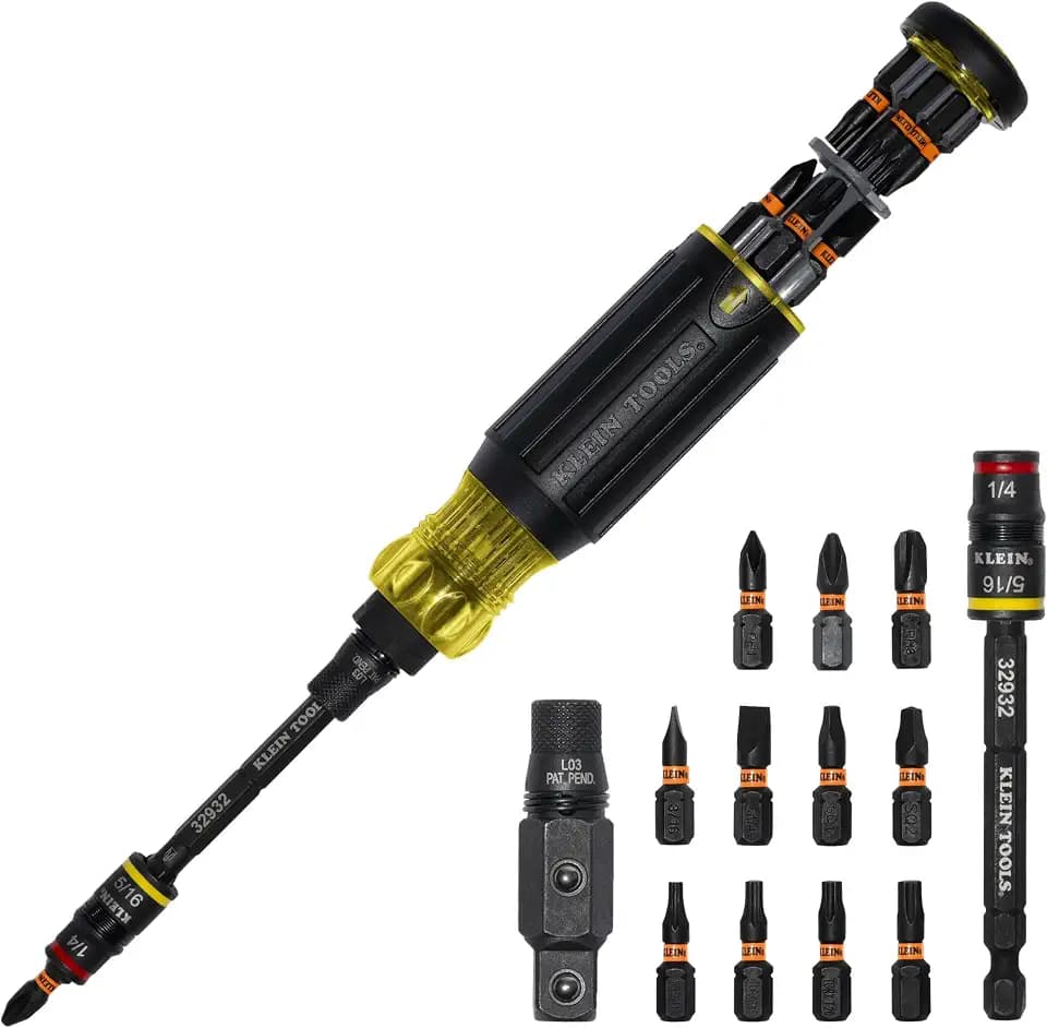 Klein Tools 32516HD KNECT 16-in-1 Impact-Rated Hybrid Screwdriver/Nut Driver, Flip Socket, 11 Bits, 2 Nut Drivers, 3/8-Inch Square Adapter