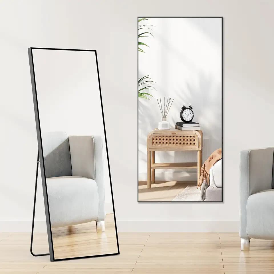 DUMOS Full Length Mirror 64"x21" Full Body Floor Mirrors for Bedroom or Cloakroom, Can Stand Alone, Hang or Lean Against Wall, Tall Wall Mirror with Stand, Black