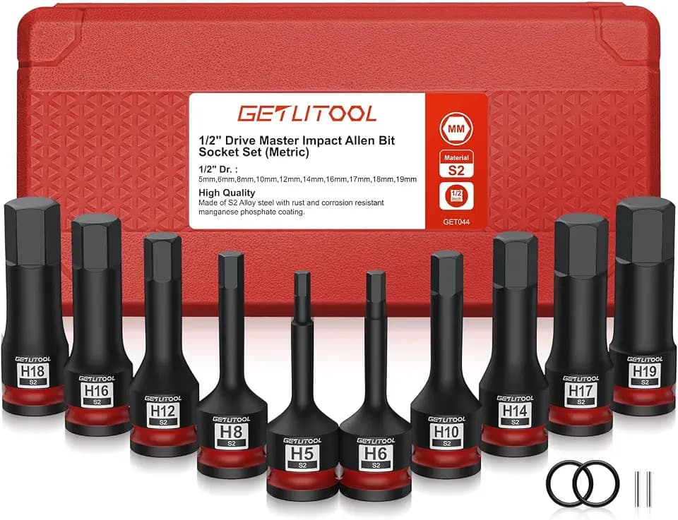 GETLITOOL 1/2" Kraft Innensechskant Schlagschrauber Nüsse Satz, 10tlg Sechskant Bit Stecknuss Set HX 5mm - 19mm, S2-Stahl Innensechskant Steckschlüssel Set für Innensechskantschrauben