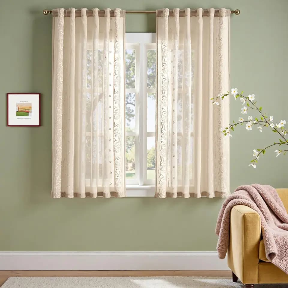 jinchan Winslow Sheer Curtains 63 Inch Length for Dorm Bedroom Bordered Floral Pattern Decorations Short Curtains Light Filtering Window Treatments, 50W x 63L, Ivory on Beige, 2 Panels