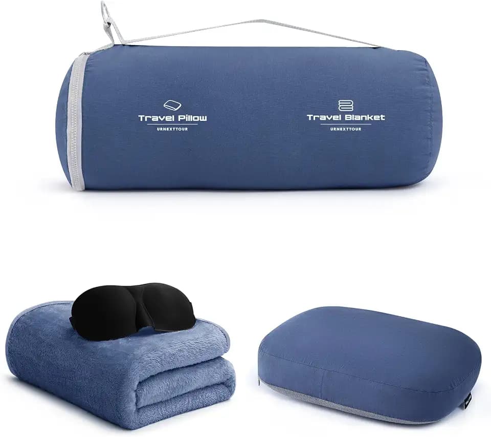 urnexttour 4-in-1 Travel Pillow & Blanket Set with Eye Mask, Memory Foam Neck Support, 50x65 Inch Blanket, Storage Bag for Airplane, Car, Train, Home Travel Blue