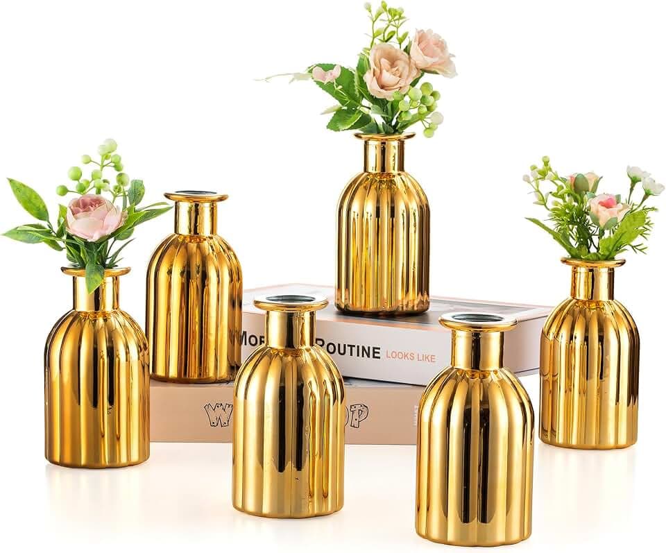 NUPTIO Gold Glass Bud Vases, Mini Vintage Bottle, 5.51" Tall, 6 Pcs