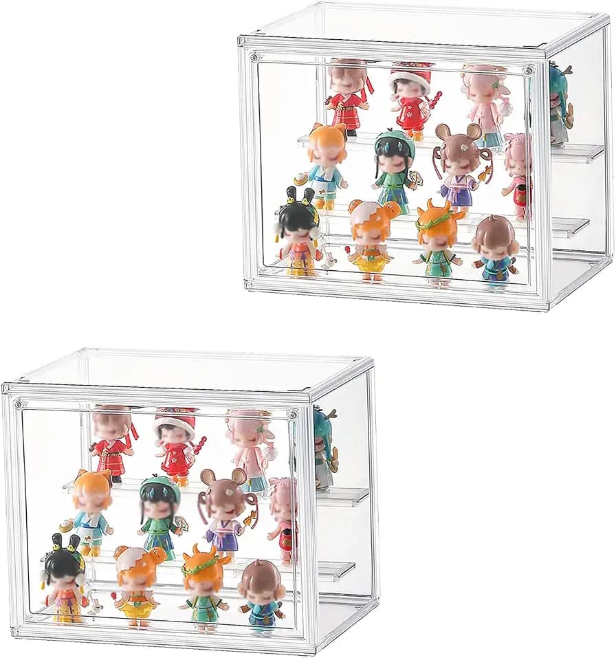 Acrylic Display Case for Collectibles 3 Layer Adjustable Figure Display Case with Magnetic Door Clear Stackable Display Box for Figures Showcase 2Pack (10.8*8*7)