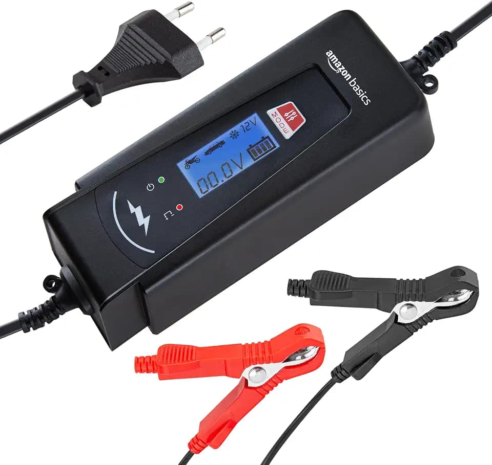 Amazon Basics Akkuladegerät, EU-Stecker, Ausgang: 2A/4A , 6 V/12 V DC, Schwarz