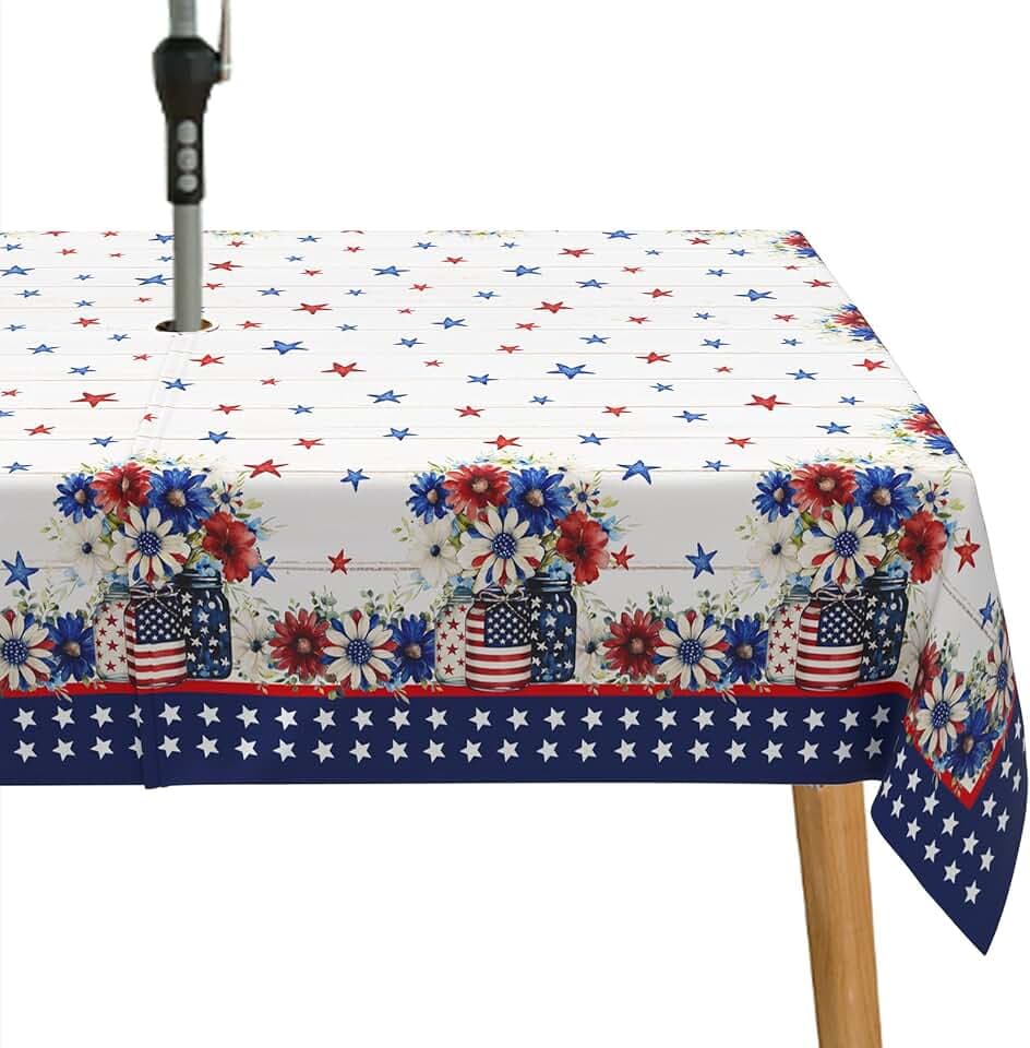 Fourth of July Outdoor Tablecloth with Umbrella Hole Vintage Memorial Day Patriotic Table Cloth American Flag, Stars Partio Table Cloths with Zipper-60 x84 Rectangle