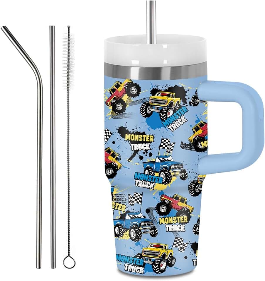 Hiboss 14 oz Monster Truck Tumbler with Handle and Straw for Kids, Insulated Stainless Steel Travel Mug for Boys, Double Wall Vacuum Reusable Cup, Birthday Gifts for Boys