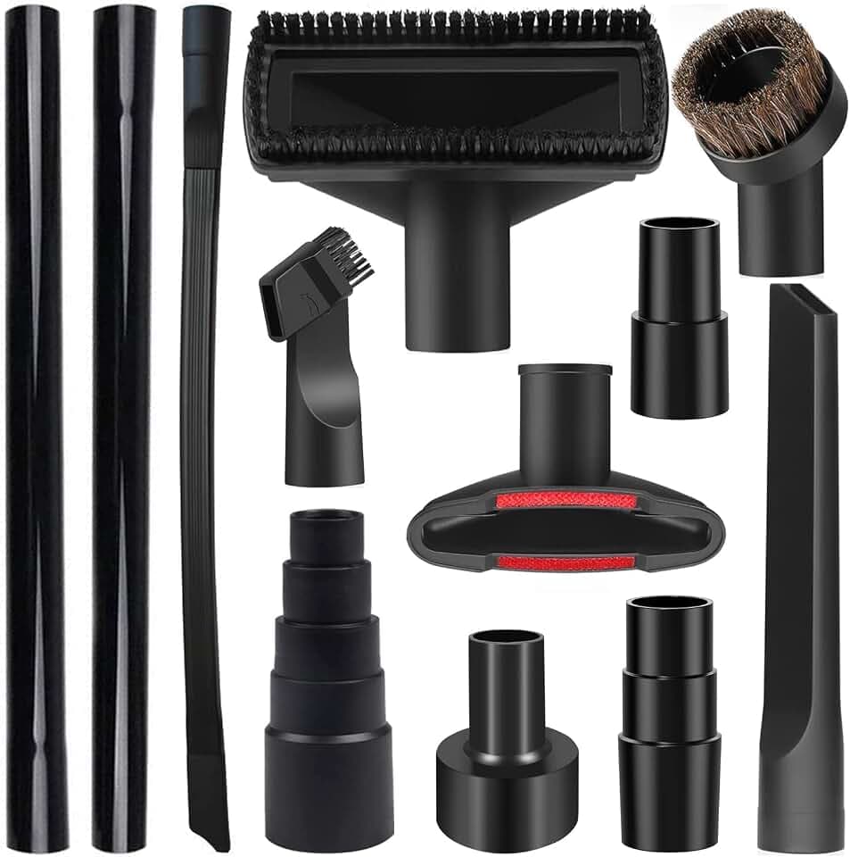 12PCS Universal Vacuum Attachment Kit Wet Dry Plastic Vacuum Hose Adapter 1-1/4" Vacuum Cleaners Accessories with Horse Hair Brush Extension Wand Flexible Crevice Tool Adapter for Shop Vac Accessories