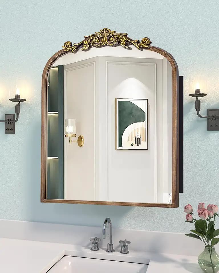 24x30 Inch Bathroom Medicine Cabinet Surface Mounted, Medicine Cabinet with Arched Mirror, Hand-Painted Bronze Aluminum Frame, Baroque Flower Decor, Black Metal Cabinet, 2 Stable & Removable Shelves