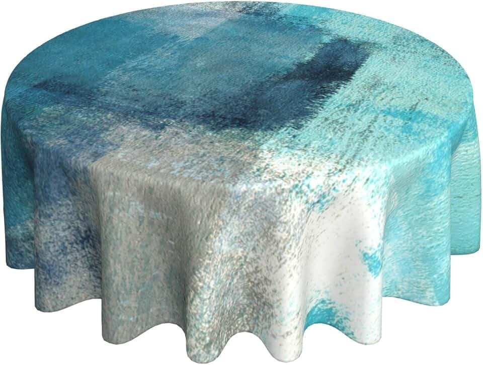 Teal Grey Abstract Art Painting Round Tablecloth Washable Reusable Decoration Table Cover for Kitchen Party 60"