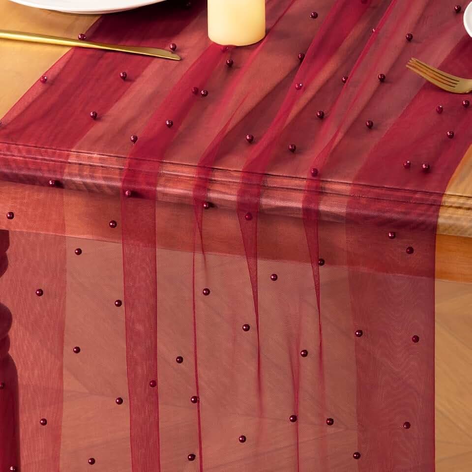 MLMC Red Pearl Table Runner Sheer Tulle Gauze Table Runner 10Ft, 3 Pack