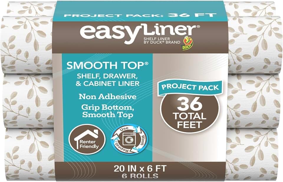 Smooth Top EasyLiner for Cabinets & Drawers, Easy to Install, Shelf Paper & Drawer Liner Non Adhesive, Non Slip Shelf Liner for Pantry, Kitchen Essentials, 20 in x 6 ft (6 Pack), 36 ft, Taupe Buds
