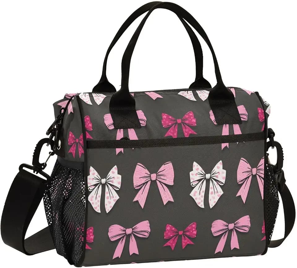 Cute Bows Lunch Bag Insulated Cooler Bag Tote Reusable Lunch Box for Women Men Adult Adjustable Shoulder Strap Leakproof for Work Picnic