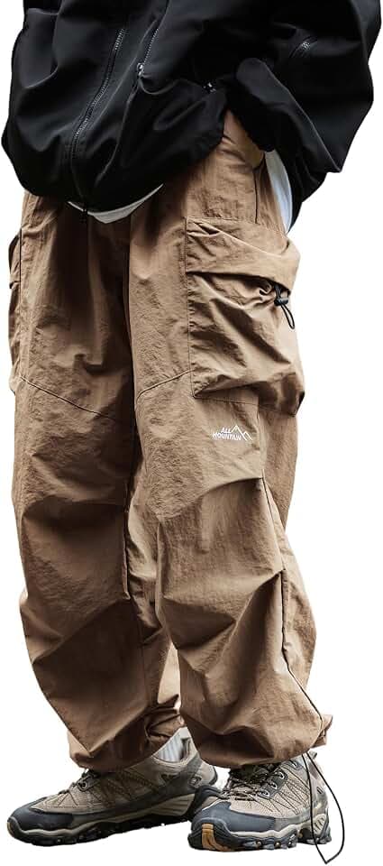 Men's Baggy Wide Leg Cargo Pants for Hiking Work Travel, Parachute Pants Elastic Waist Quick Dry with Pockets
