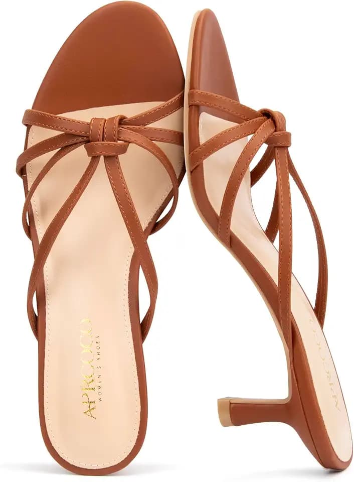 AprCoco Women's Strappy Kitten Heels Knotted Open Round Toe Heels Slip On Mule Heeled Sandals for Women Wedding Party Dressy Summer