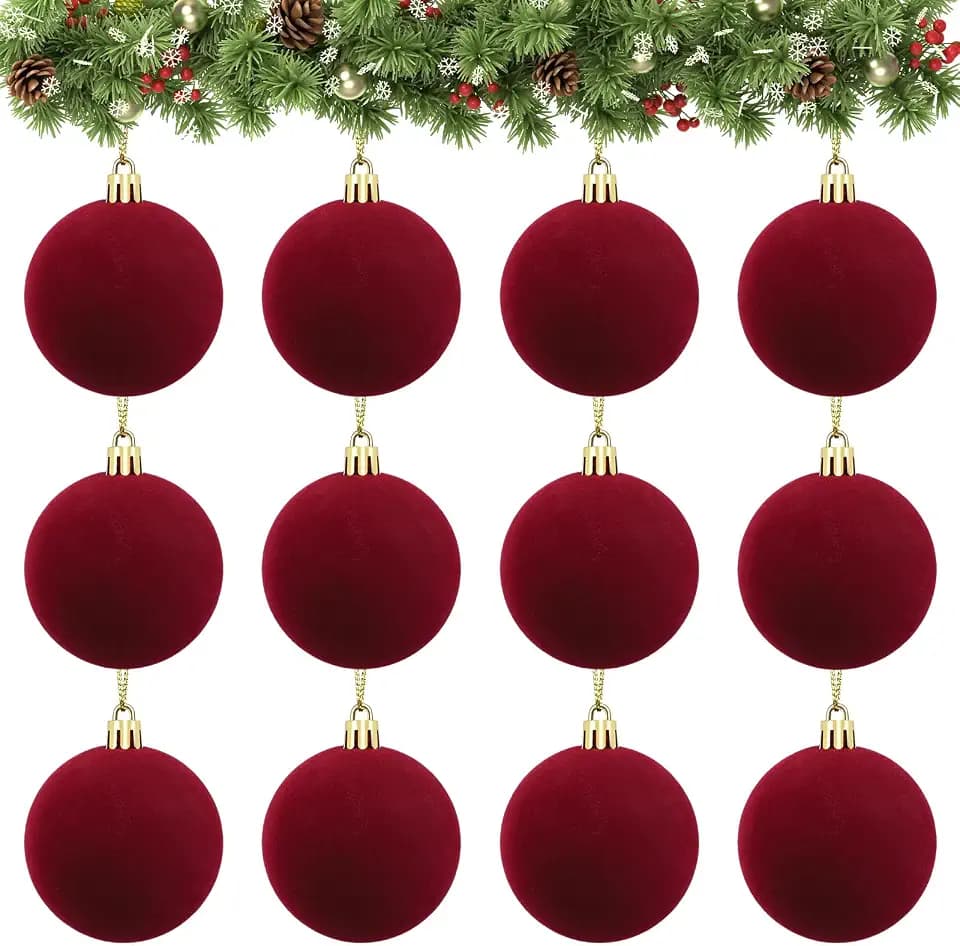 Velvet Ball Ornaments Christmas Balls Burgundy Red 12 PCS 2.36-Inch Xmas Tree Ball Ornaments for Christmas Trees Decorations Gifts Party Door Garland Wreath Decor