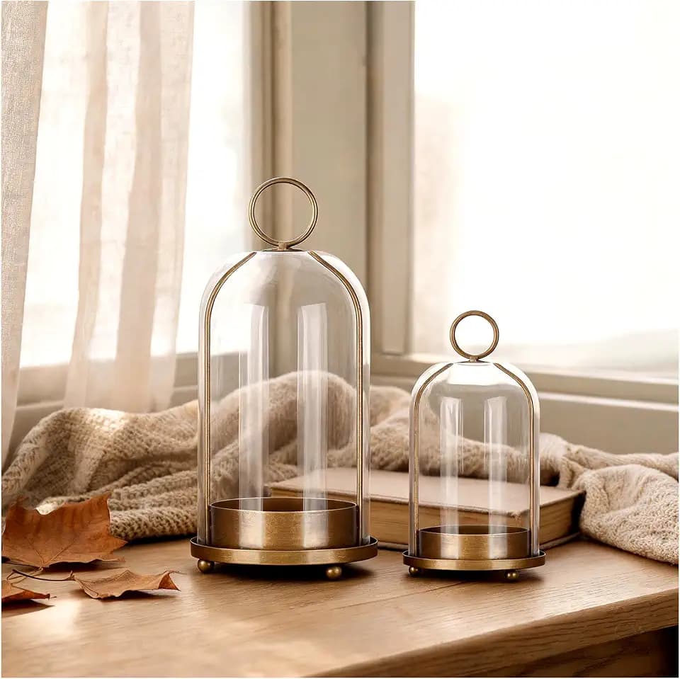 Metal Candle Holder Handmade Glass,Brass Dome Hurricane Glass Candle Holder
