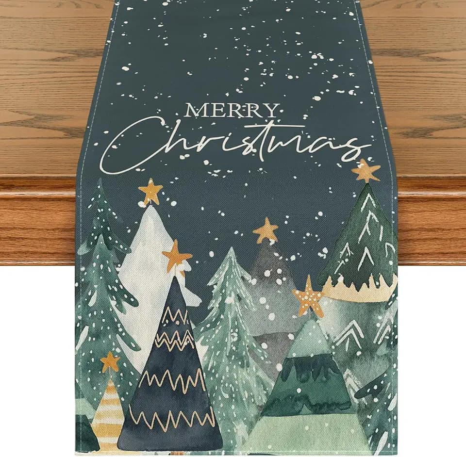 Artoid Mode Trees Snow 210 GSM Merry Christmas Table Runner, Seasonal Winter Kitchen Dining Table Decoration for Home Party Decor 13x120 Inch