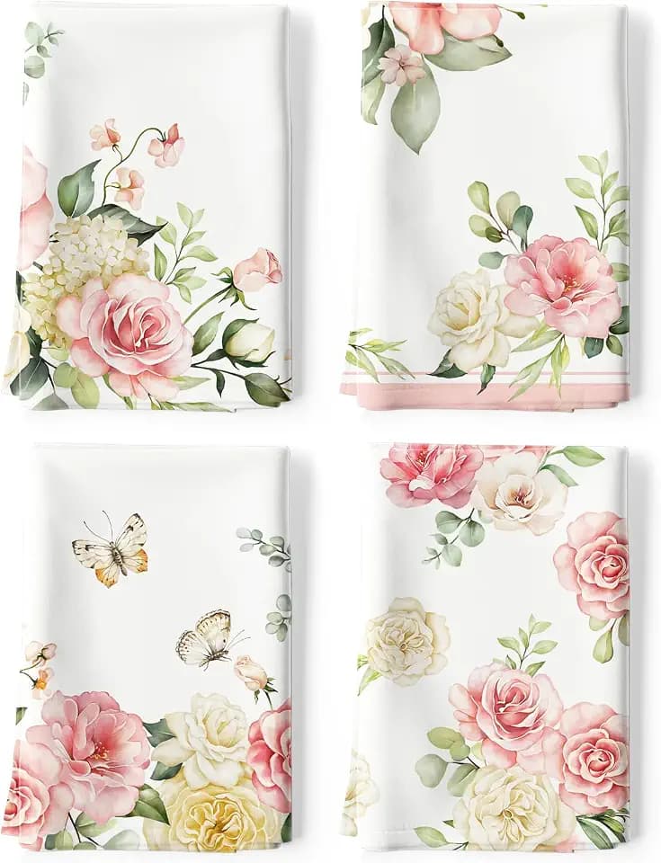 Watercolor Pink Flower Tea Towels Set of 4, 100% Cotton