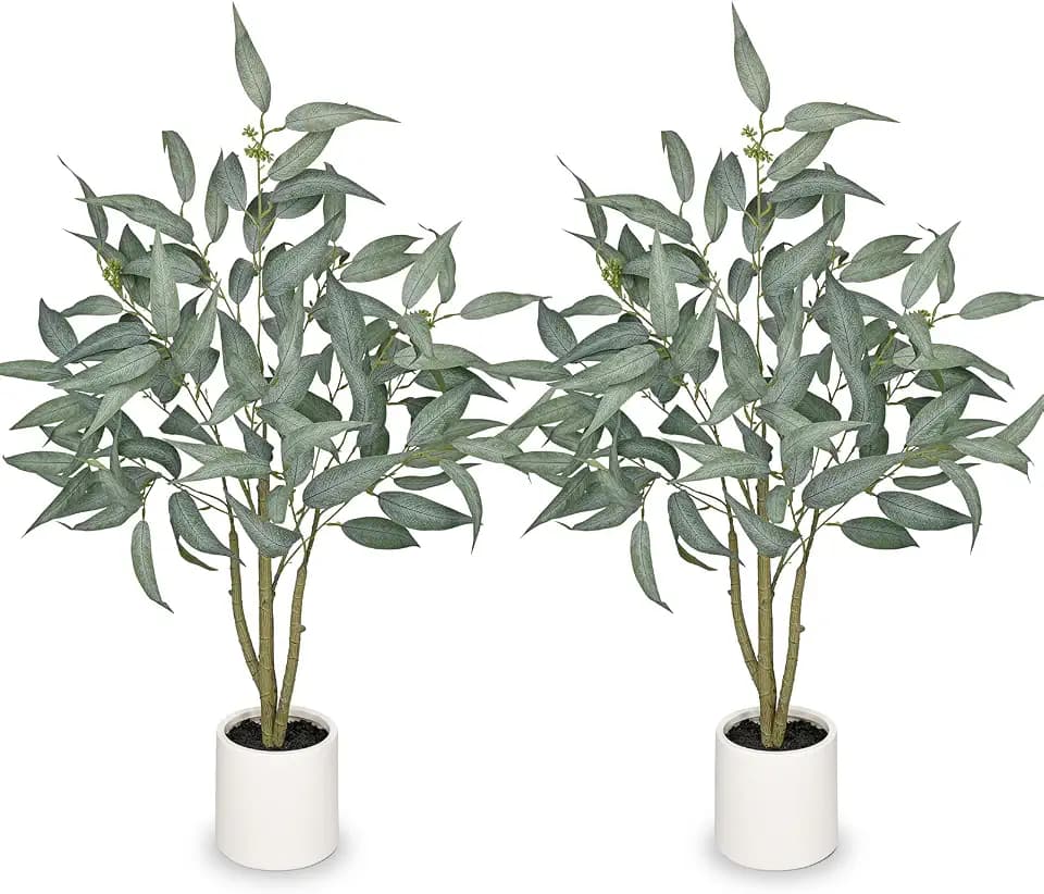 2 Packs Eucalyptus Trees Artificial Indoor - 3FT Tall Faux Eucalyptus Plants in White Planter, Fake Plant Décor for Farmhouse Bedroom Office Room Hallway Decoration
