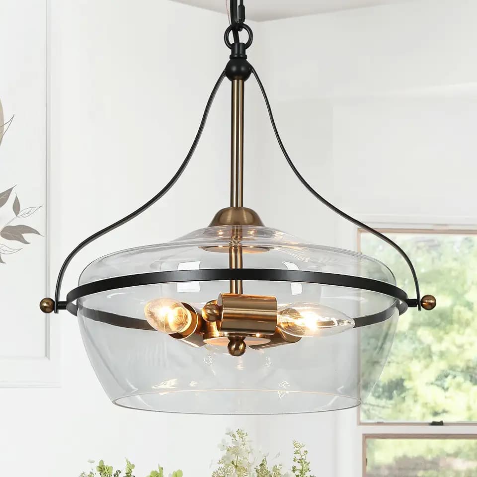 KSANA Black and Gold Chandelier, 3-Light Mid-Century Modern Pendant Lighting Fixture with Clear Glass and Electroplated Brass Accents for Dining Room, Kitchen and Bedroom