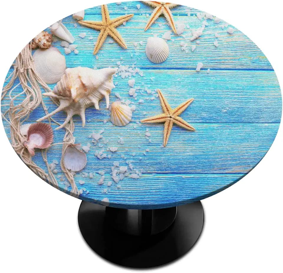 Teal Beach Round Fitted Tablecloth with Elastic Coastal Starfish Fitted Cirrcle Table Cover Waterproof Wipeable Outdoor Table Cloth for Kitchen Parties Dining Holiday Decor (Fit for 45"-50" Tables)