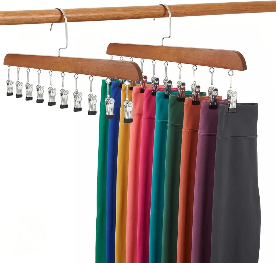 2-Pack Pants Hangers with Clips – 10 Clips Each, Space Saving Closet Organizer Hanger for Leggings, Jeans, Hats, Shorts, Belts, Scarves – Closet Organizer (2, Brown)