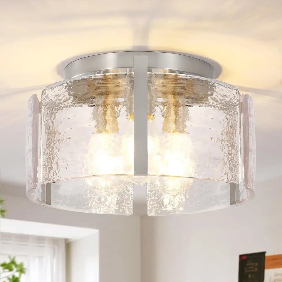 14" Modern Semi Flush Mount Ceiling Light, Brushed Nickel 3-Light Fixture with Glass Drum, Dimmable Hallway Lighting for Entryway, Kitchen, Bedroom, Bathroom