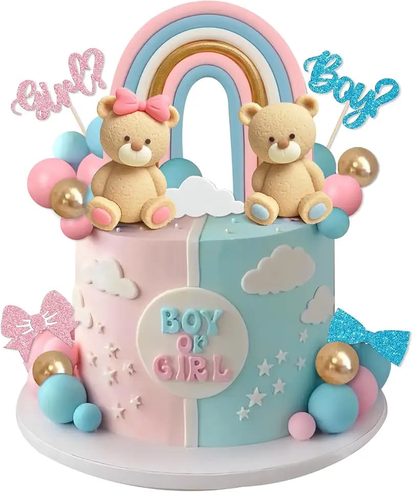 38Pcs Bear Cake Topper Gender Reveal Rainbow Cake Decorations with Cute Bears Pearl Balls Rainbow Cloud Cake Pick for Boy Girl Baby Shower Gender Reveal Party Supplies