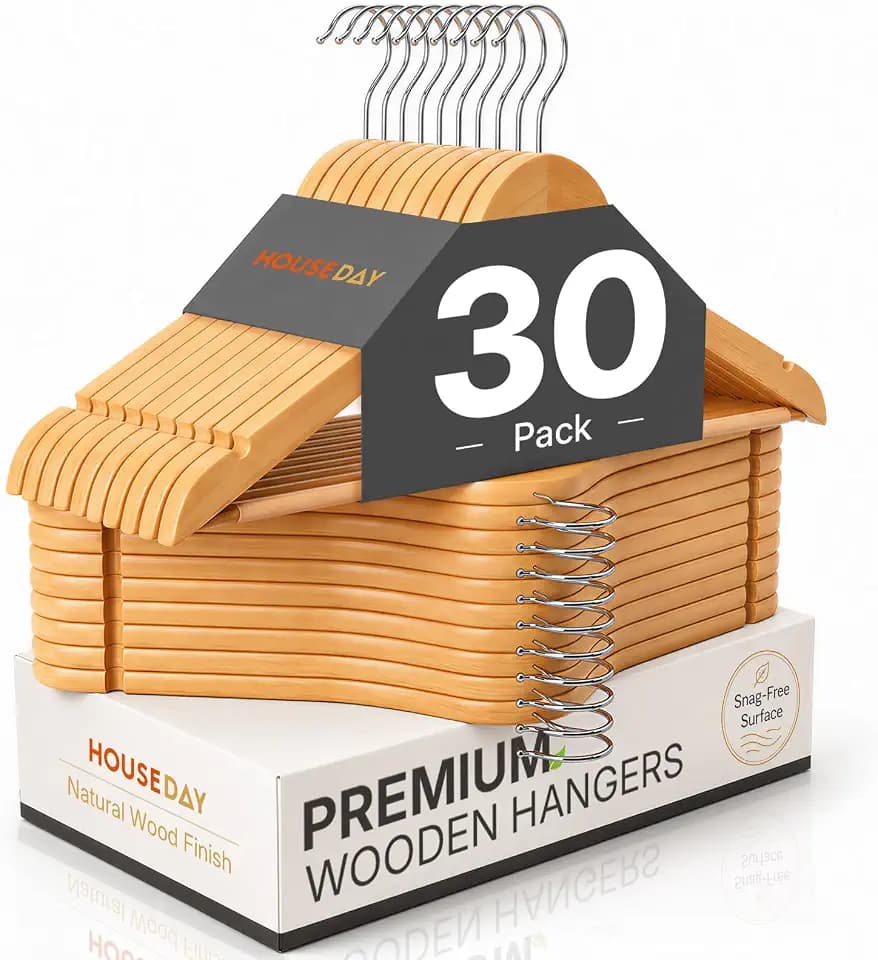 HOUSE DAY Premium Wooden Hangers 30 Pack - Heavy Duty & Durable Coat Hanger