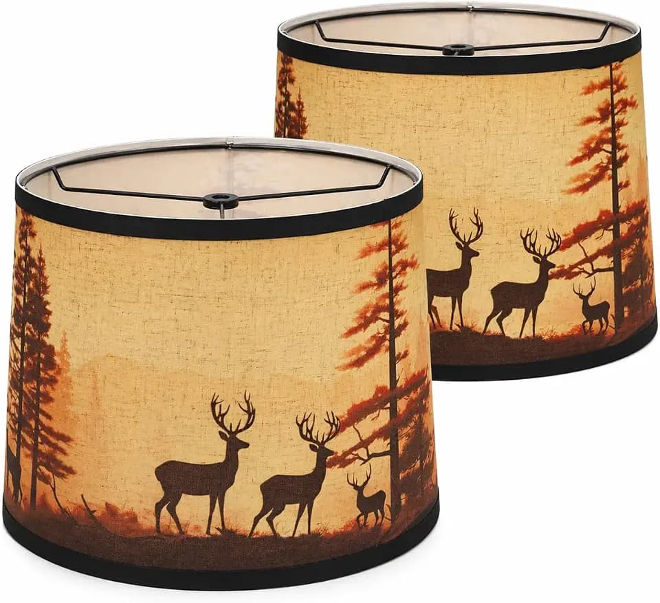 Rustic Deer Printed Large Drum Lamp Shades Set of 2. Easy Assembly.11.4"x13"x10" Barrel Brown Lamp Shade For Cabin Lodge Decoration.Replacement Lamp Shades For Table Lamps(Spider Model)
